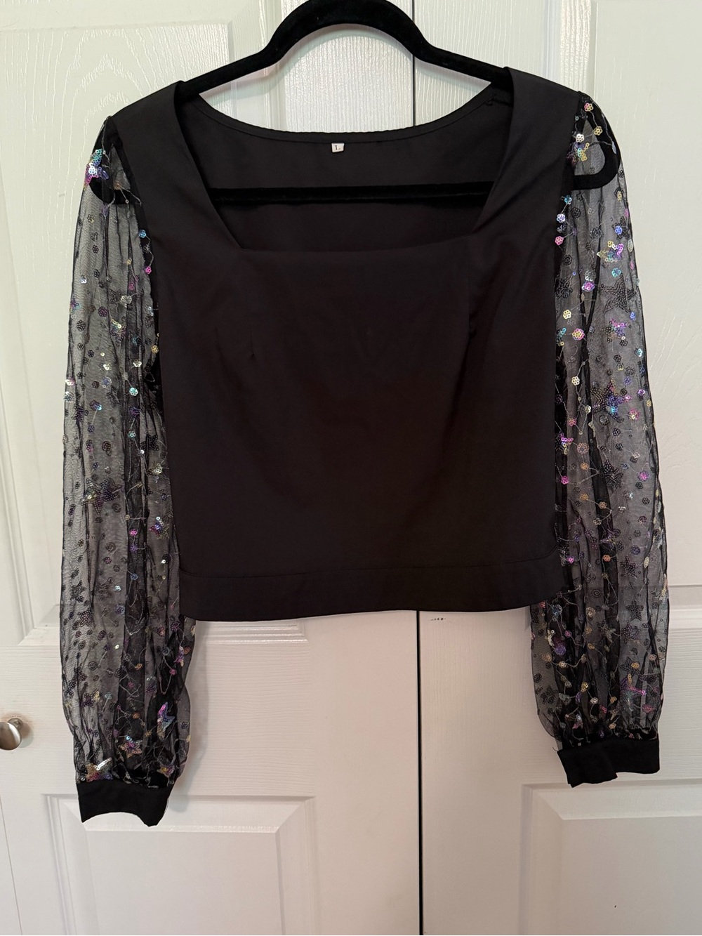 5 for $25! Women’s Black Square-Neck Top with Sheer Sequin Sleeves - Picture 1 of 5